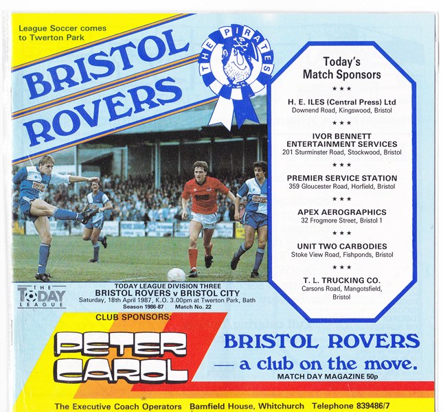 BRISTOL ROV v BRISTOL CITY 1ST TWERTON PK DERBY LG DIV 3 1986/87