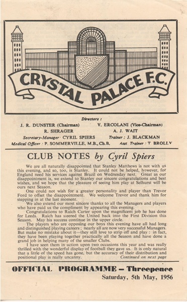 CRYSTAL PALACE v INT MANAGERS X1 5TH MAY 1956