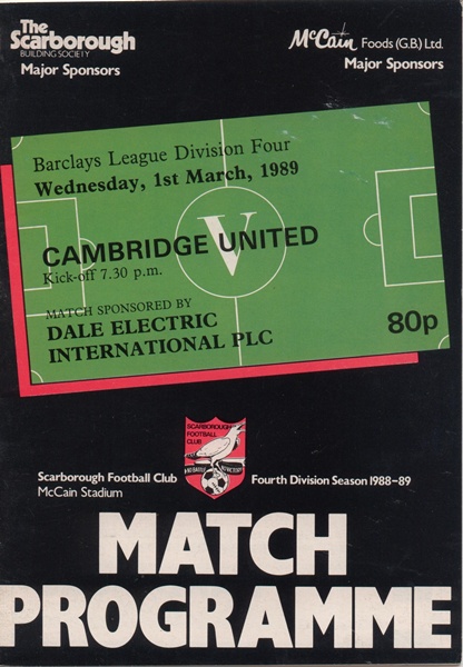 SCARBOROUGH v CAMBRIDGE UNITED LEAGUE DIVISION 4 1989