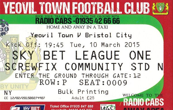 YEOVIL TOWN v BRISTOL CITY MATCH TICKET LEAGUE ONE 2014/15