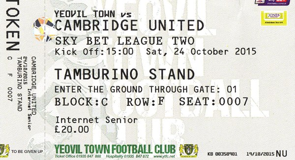 YEOVIL TOWN v CAMBRIDGE UTD LEAGUE TWO MATCH TICKET 2015/16